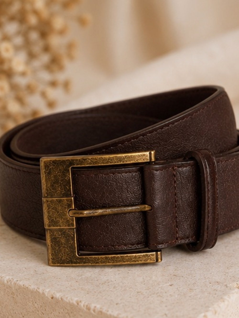 Vintage Style Brown Faux Leather Belt with Antique Brass Buckle